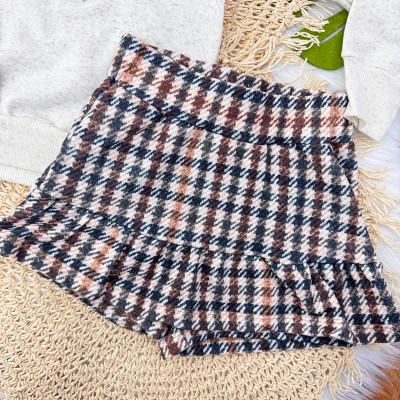 Conj. Blusa em Linho Ursinho com Laço e Short Saia Xadrez - Areia e Marrom